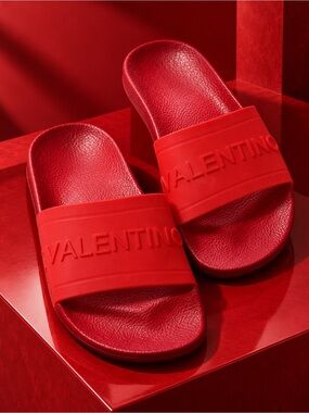 Valentino IRIDE Slide Red Embossed Logo Slide Sandals - Woman EU 37